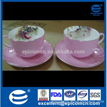 pink glaze gold line fine bone china cup and saucer stock on sale